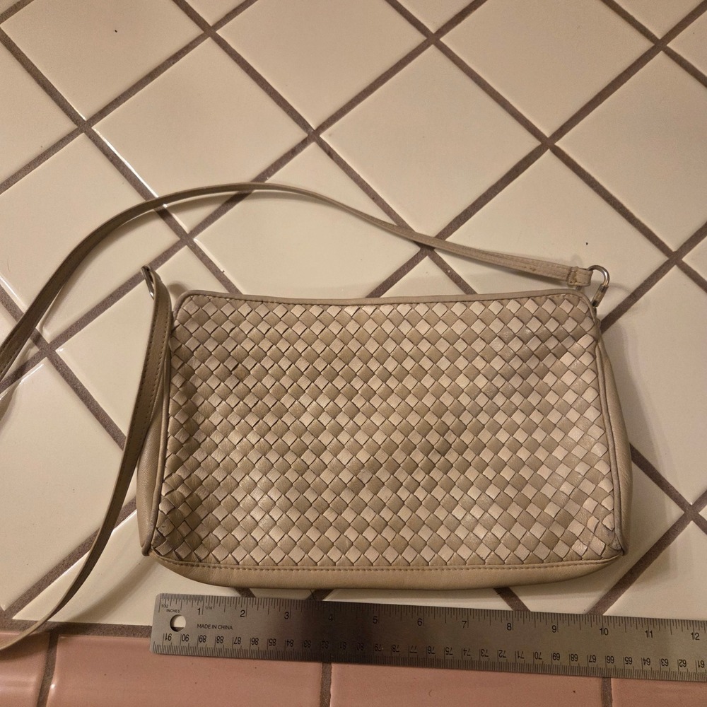 Ganson Vintage Beige Woven Leather Crossbody Bag Small Intreccio Zip Purse